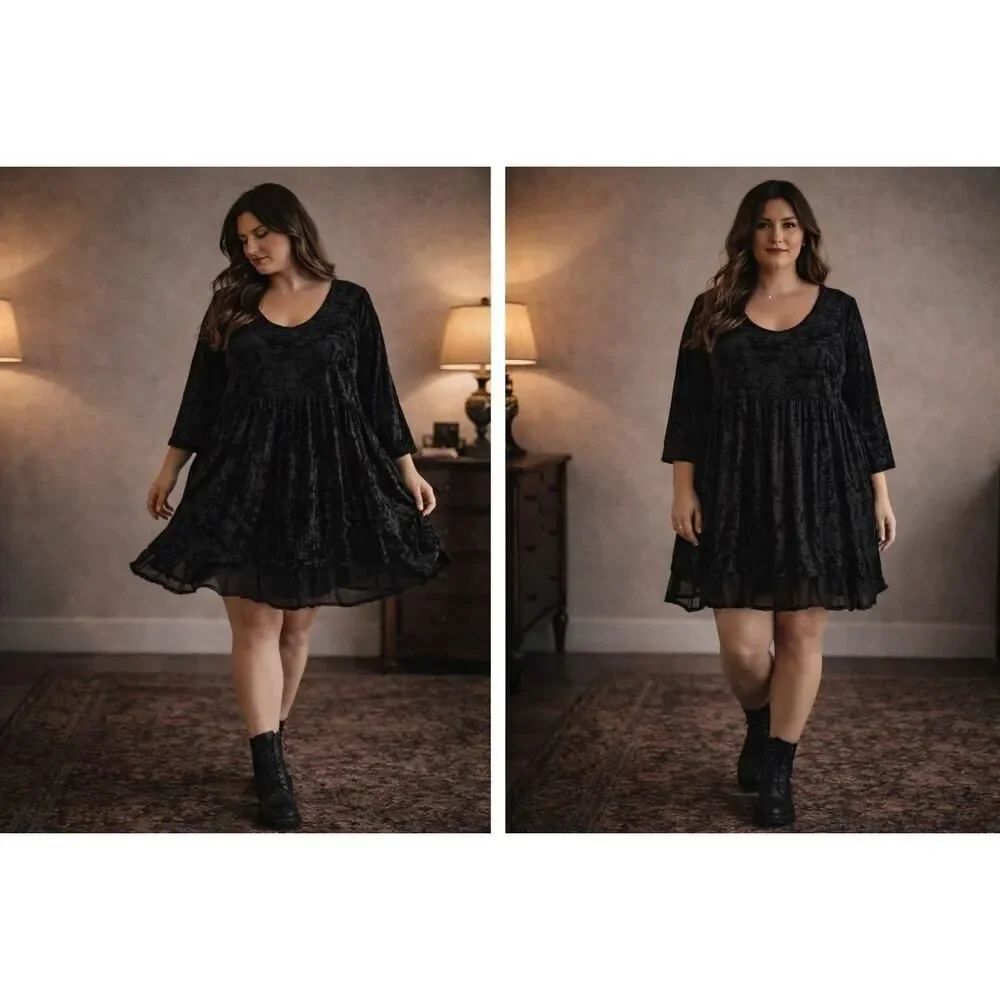 Un Deux Trois Black Crushed Velvet Babydoll Dress Sheer Hem Dark Romantic Goth L